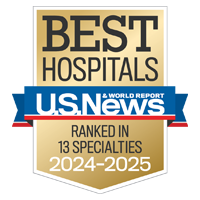 U S  News and World Report badge recognizing UCSF's ranking among the leading hospitals in 13 specialty areas for 2024 to 2025